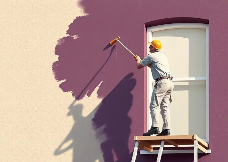 Peintre sur échafaudage traitant la façade d'une maison