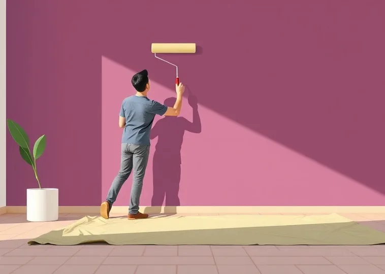 Peintre appliquant la peinture au rouleau sur un mur de salon